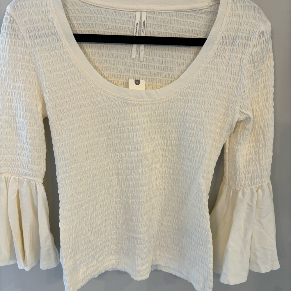 Anthropologie Cream Smocked Long-Sleeve Bell-Sleeve Top